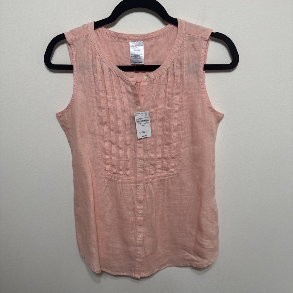 Lands End Sleeveless 100% Linen Tank Size 4P Petite Button Up Top Peach NWT $55